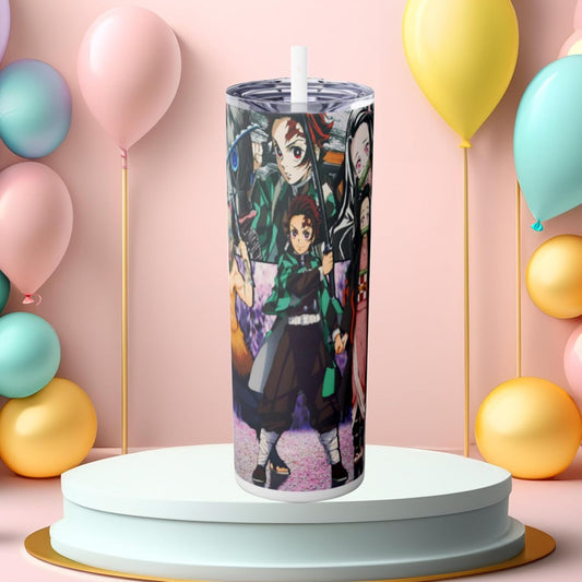 Anime tumbler featuring Demon Slayer fighters, 20 oz stainless steel drinkware for hot and cold drinks.