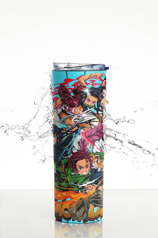 Anime Tumbler Demon Slayer 20 oz stainless steel drinkware with characters and splash, perfect for hot or cold drinks.