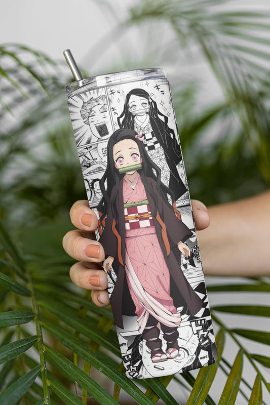 Anime Tumbler featuring Nezuko from Demon Slayer, 20 oz stainless steel drinkware with straw, perfect for manga lovers.