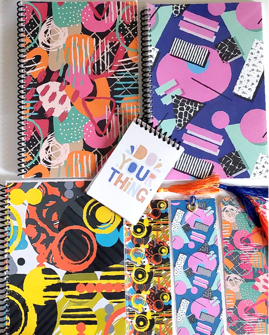 Abstract Art Artsy Gift For Teens 6x9 Spiral Notebook Set of 3, Lined Journal For Writing With Matching Bookmark  x3 Gift Set