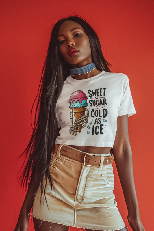 Ice Cream Crop Top For Women, Icy Gifts For Her, Cute T-Shirt Croptop Casual Summer TShirt Merch, Sweet As Sugar Cold As Ice