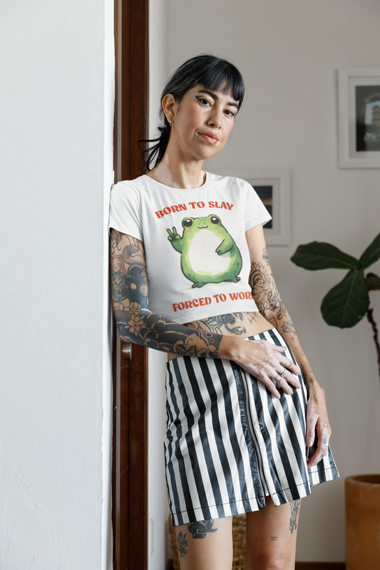 Frog Crop Top For Women, Funny Gifts For Her, Work T-Shirt Croptop Casual Summer TShirt Merch, Born To Slay Forced To Work