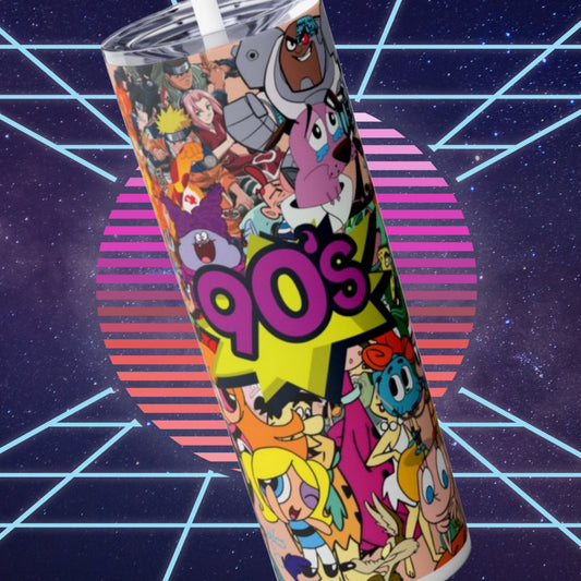 90s Skinny Tumbler 20 Oz, Retro Cartoons For Brothers, Gen Z Stainless Steel Drinkware With Straw And Lid, Cute School Accessory For Hot Cold Drinks
