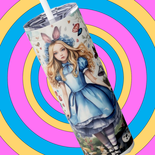Alice Skinny Tumbler 20 Oz, Whimsical Gift For Her, Bookish Stainless Steel Drinkware With Straw And Lid,  Travel Accessory For Hot Cold Drinks