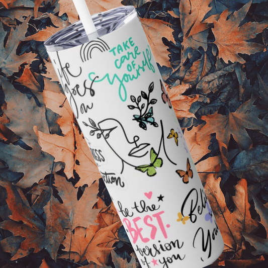 Affirmatiion Skinny Tumbler 20, Mental Health Gift For Mom, Motivational Quotes Stainless Steel Drinkware With Straw And Lid, Travel Accessory For Hot Cold Drinks