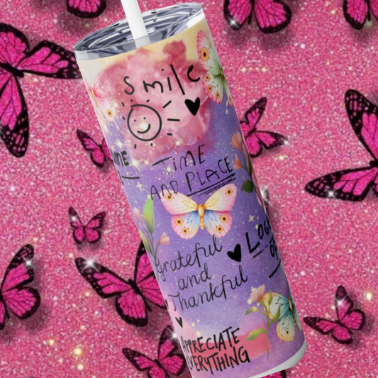 Affirmation Skinny Tumbler 20, Positive Gift For Mom, Motivational Quotes Stainless Steel Drinkware With Straw And Lid, Travel Accessory For Hot Cold Drinks, Purple Butterfly