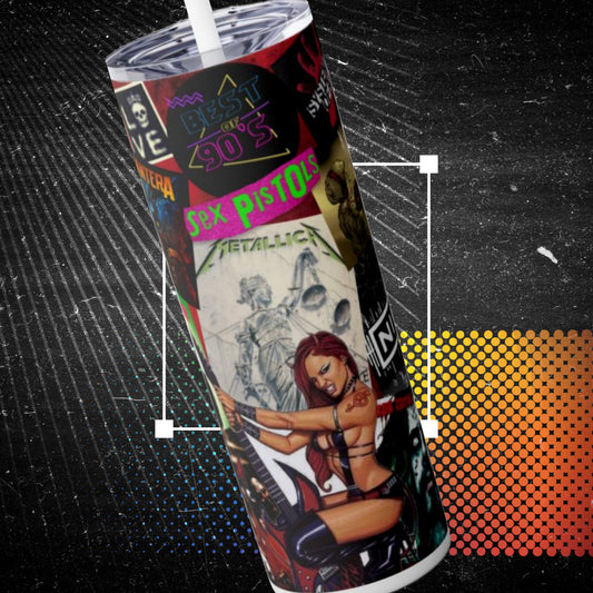 90s Skinny Tumbler 20 Oz, Gen Z Gift For Dad, Hard Rock Band Stainless Steel Drinkware With Straw And Lid, Pop Culture Accessory For Hot Cold Drinks