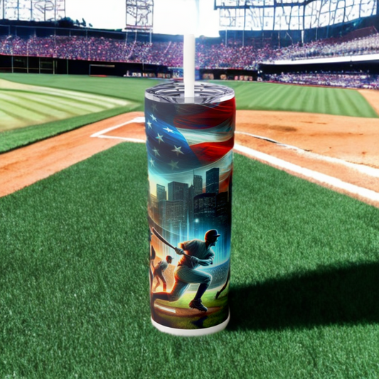 American Baseball Skinny Tumbler 20 Oz, Sporty Gift For Dad, US Flag Stainless Steel Drinkware With Straw And Lid, USA Travel Accessory For Hot Cold Drinks